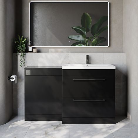 Napoli 390 Cento Matt Black 1400mm 2 Drawer Vanity Unit Toilet Suite with Glide Basin - 1400mm - Gunmetal Grey 480mm HandleWithout Kingston Toilet Pan