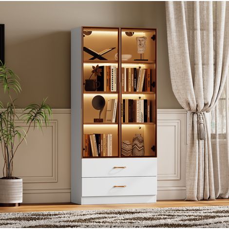 Meuble de salle de bain 75 cm avec éclairage, 2 tiroirs, 2 portes vitrées, blanc DESVIAE (1/5)