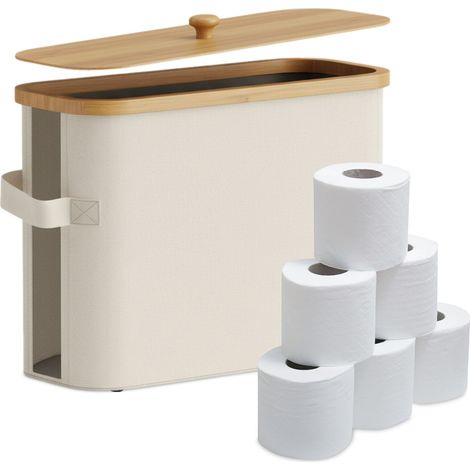 Relaxdays Almacenamiento de papel higiénico, 12 rollos, H x W x D: 33 x 45 x 16 cm, tela, bambú, soporte, beige