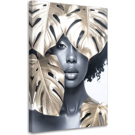 Wandbild Porträt einer Frau und goldenen Monstera-Blättern 60x90 cm (1/5)