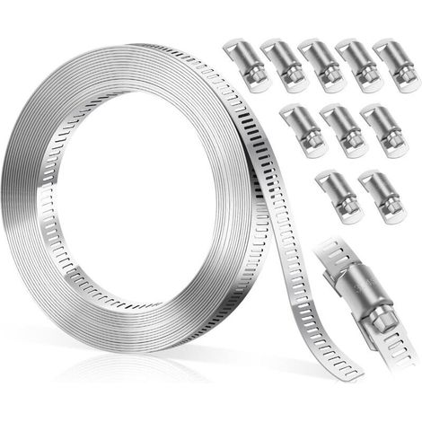 3 Mètres Collier de Serrage Inox DIY, Bolatus Collier De Serrage Métallique Réglables avec 10 Pièces Attache, pour Tuyaux, Gaz, Voiture, Jardin Argenté (1/5)
