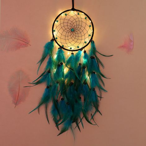 Attrape-rêves bleu arbre de vie avec plumes, guirlande lumineuse LED féerique, mobile décoratif
