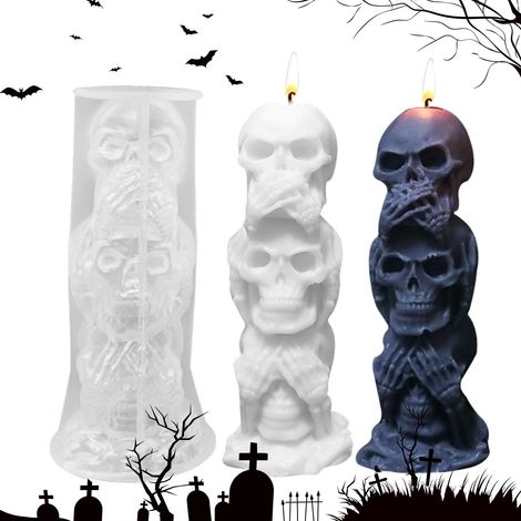 Moule en Silicone pour Crâne D'Halloween, Moule pour Bougie Squelette Avec Mèches en Cire Coton, Moules en Résine Silicone pour Décoration Fête, Ornements Créatifs, Cadeaux, Bougies Parfumées (1/5)