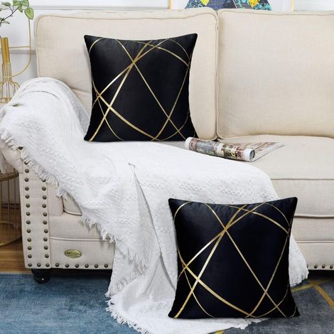 housses de coussin Coussins décoratifs en velours avec géométriques fil 45 x 45 cm Lot de 2 45 cm 45 x Noir Doré (1/3)