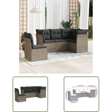 The Living Store Salon de jardin 5 pcs avec coussins gris résine tressée - Ensemble Salon De Jardin - Mobilier De Jardin - Salon Extérieur - Résine Tressée - Rotin Synthétique (1/3)
