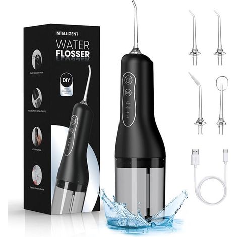 Hydropulseur Dentaire 4 Modes 4 Buses USB Rechargeable IPX7 Étanche Hygiène Buccale Haleine Fraîche Noir (1/4)