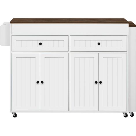 Îlot de cuisine mobile avec plateau extensible, tiroirs, MDF blanc et noyer, 112-180,5 x 45 x 92,2 cm (1/5)