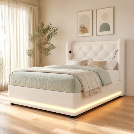 Cama tapizada 90x200 cm en PU blanco, arcón hidráulico, cabecero con USB y LED en 3 lados (1/5)
