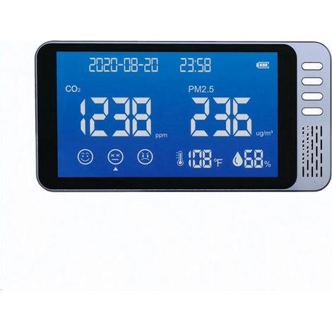Monitor de calidad del aire 6 en 1, sensor NDIR, detecta CO2, PM2.5, temperatura, humedad, hora, fecha, alarma sonora, selector de grados Celsius/Fahrenheit.
