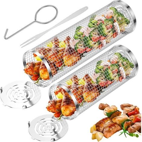 Grillkorb - 2er Set - Edelstahl - Für Gemüse, Fisch, Fleisch - Design mit Rollen