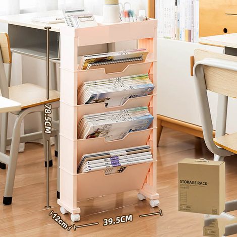 Mehrstufiger Bücherorganizer für Klassenzimmer, mobile Aufbewahrungsbox in Wagenform für Schlafzimmer, Büro-Bücherregal für Wohnzimmer, rosa mit Rollen, tragbare Geschenkbox. (1/5)