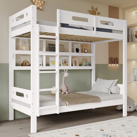 Lit superposé enfant 205/99,5/175 cm blanc et naturel en bois de pin et MDF avec étagères ouvertes (1/5)