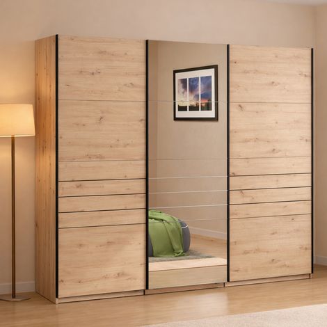 Armario Grande Tures, Ropero Dormitorio con Perchero, 2 Estantes, Puertas Corredizas, 267x217h cm Roble Marrón Nodoso (1/5)