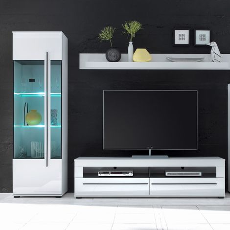 Media Wohnwand in weiß Hochglanz und schwarzen Relinggriffen COLORADO-61 Vitrine inkl. LED BxHxT: 255x200x47cm (1/5)
