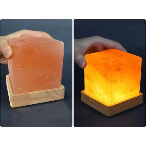 Lampe de sel de l'Himalaya à lumière chaude USB, lampe de sel décorative d'ambiance avec base en bois massif, veilleuse en cristal naturel, cadeau fait main pour les amis. (1/5)