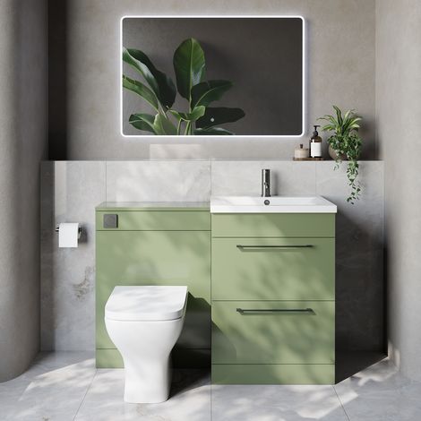 Napoli 460 Cento Olive Green 1200mm 2 Drawer Vanity Unit Toilet Suite with Glide Basin - 1200mm - Gunmetal Grey 320mm HandleWith Kingston Toilet Pan and Seat
