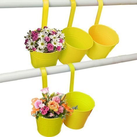 Vasi da fiori in metallo sospesi, set di 5 vasi in ferro color caramella con foro di drenaggio e gancio rimovibile per la coltivazione di piante, recinzione da giardino, balcone (1/5)