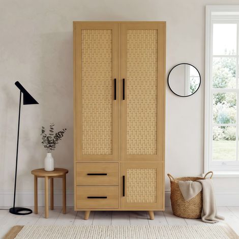Armoire de Chambre avec Tiroirs et Penderie, Garde-robe Design Cannage Rotin, 2 Portes et 2 Tiroirs, 80x52x166 cm - Naturel