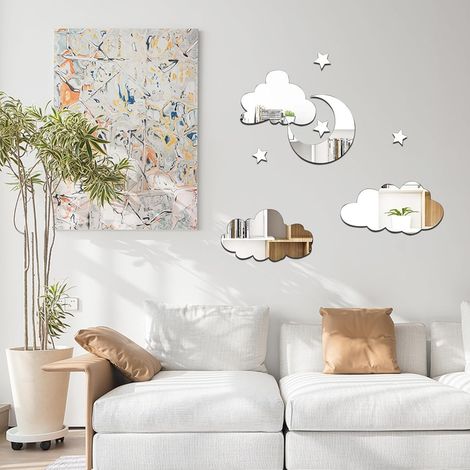 Stück Spiegel-Wandaufkleber, dekorative Acryl-Klebe-Wandtattoos, abnehmbar, DIY-Dekoration für Zuhause, Schlafzimmer, Wohnzimmer – Wolken, Mond, Silber