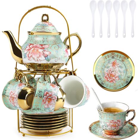 services à thé de style européen en céramique avec support en métal - Service à thé en porcelaine avec motif floral vintage pour adultes