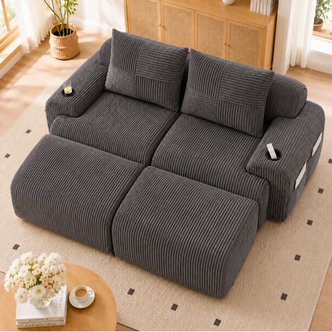 Divano modulare 200x174x80 cm, velluto a coste grigio scuro, portabicchieri – MEUBLIV (1/5)