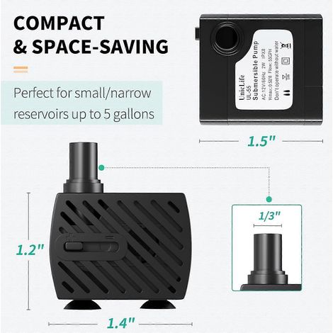 Pompe de remplacement Uniclife Pet 60 GPH 2W 2ft de hauteur de refoulement, silencieuse, pour fontaines Smart Pet, pompe à eau submersible 12 V avec adaptateur convertisseur 120 V. (1/5)
