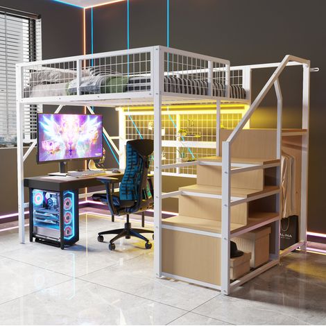 Lit mezzanine moderne 140x200 cm métal blanc avec escalier de rangement, penderie ouverte et LED contrôlée par appli (1/5)