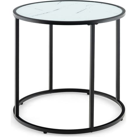 Tavolino rotondo 50 x 50 x 50 cm in vetro temperato effetto marmo dal design moderno ed elegante in metallo bianco e nero 200014072