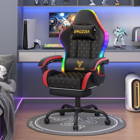 RGB Gaming Chair Reclining Footrest Ergonomic PU Leather Blue (1/5)