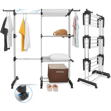 Séchoir à Linge, 4 Niveaux Grande Sechoir a Linge Pliable avec Roues, Etendoir Linge intérieur, Taille 89 x 66 x 178 cm/170 × 66 × 178cm, Séchoir Linge Stable (1/5)