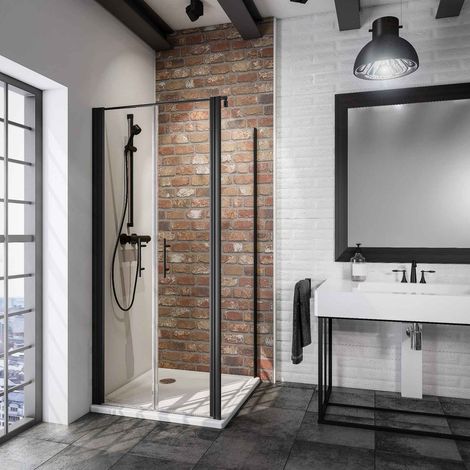 Schulte – Porte de douche battante 80 x 80 cm – Paroi fixe en verre anticalcaire 5 mm – Profilé noir – Ouverture réversible – Installation facile