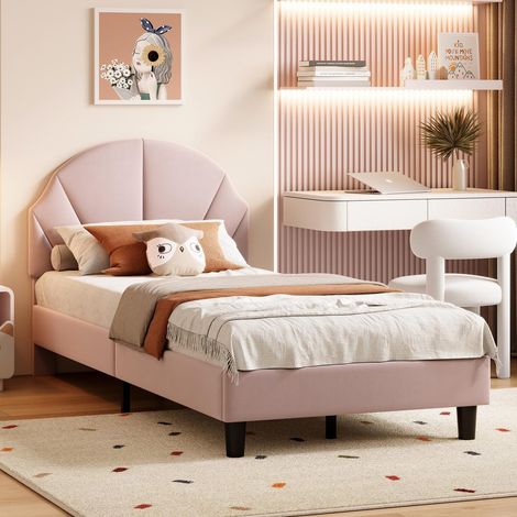 Letto per bambini 90x200 cm – Testiera regolabile in altezza – Testiera imbottita – Doghe rinforzate – Rete a doghe – Velluto rosa (1/5)