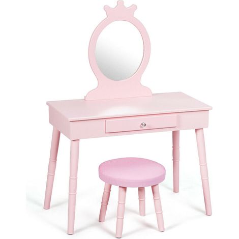 Miroir couronne et grand tiroir pour tout ranger - coiffeuse enfant avec tabouret pour chambre ou salle de jeux (1/5)