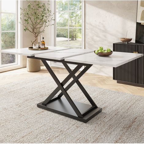 Mesa de comedor extensible 120-160x80x75 cm blanco y negro en MDF y metal con patas cruzadas (1/5)