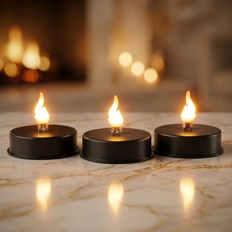 LED Teelicht schwarz mit Kerzenflackern und Timer - 3er Set - Künstliche Windlicht Kerze batteriebetrieben mit Flammen Effekt