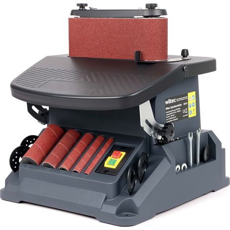 Wiltec oszillierender Spindelschleifer 500 W neigbar bis 45°, Bandschleifer mit 5 Schleifhülsen und 16 mm Oszillationshub, Kantenschleifer mit 2000 U/min zum Bandschleifen und Spindelscheifen (1/5)