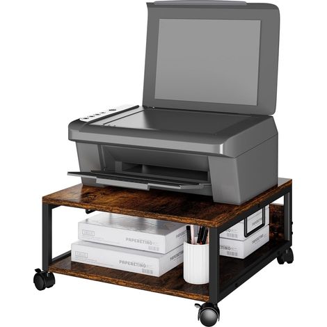Support d'imprimante de bureau à 2 niveaux avec roulettes, table roulante robuste avec dossiers de rangement, pour livres, fax, scanner, bureau à domicile(marron) (1/5)