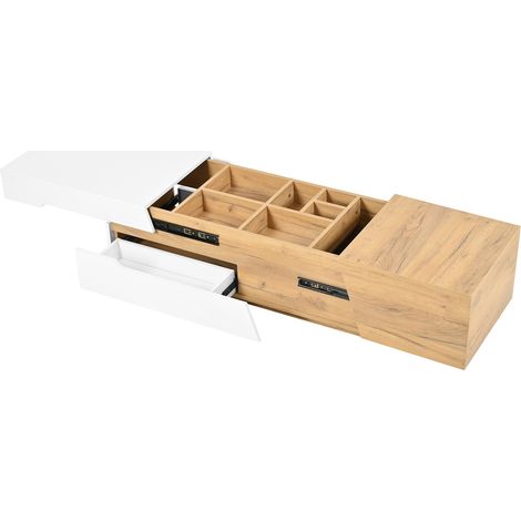 Table basse extensible avec tiroirs en MDF blanc et bois naturel 120x50x37,5 cm (1/5)