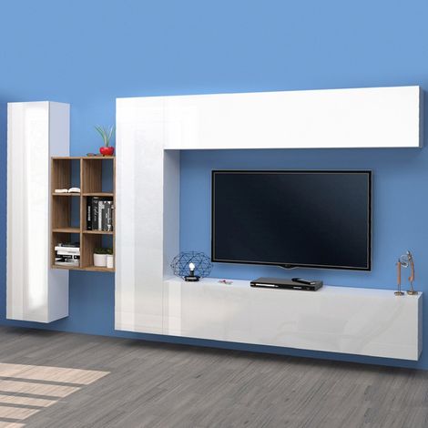Weiße Wohnwand mit hängendem TV-Schrank, 2 Schränken und Bücherregal Sid WH (1/5)