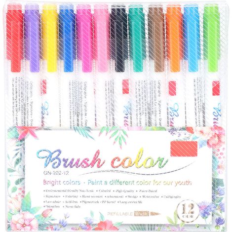 Lot de 12 stylos aquarelle colorés, pointe souple pour dessin, écriture et calligraphie, outils de peinture à la main. (1/5)