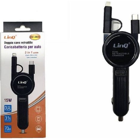 Trade Shop - Caricabatter Por Car 3in1 Cavo Retractile Micro Usb Type-c Luz Sc-3033 -