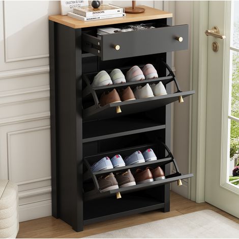 Zapatero estrecho 50x25x95 cm negro y madera MDF con 1 cajón, 2 abatibles y estantes ajustables (1/5)