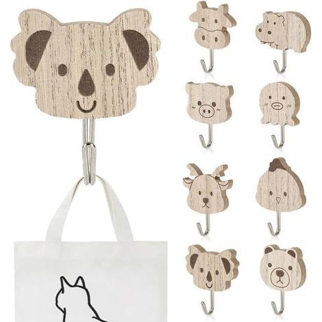 8 PCS Patere Murale Enfant, Crochet Mural en Bois pour Animaux, Crochets Autocollants en Bois, patere murale bois, pour Vêtements Clés Chapeaux Sacs Bijoux Salle de Bain Chambre Maison (1/5)