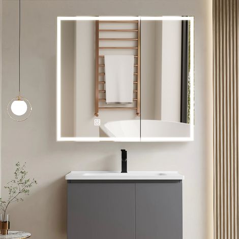 CUOZOVA Bathroom Cabinet with LED Light Mirror Wall Mounted Bathroom Mirror Cabinets with Adjustable Shelf Modern Bathroom Storage Cabinet for Shower Room 70 50 16cm Single Door (1/5)