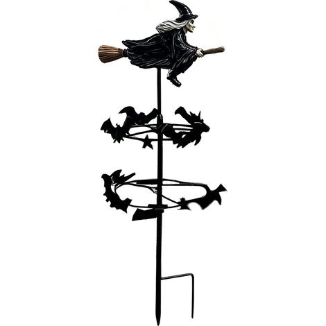 Veleta metálica con la figura de una bruja de Halloween, adornada con un murciélago y giratoria 360°, ideal para decorar tu jardín, terraza o entrada de vehículos en otoño. (1/5)