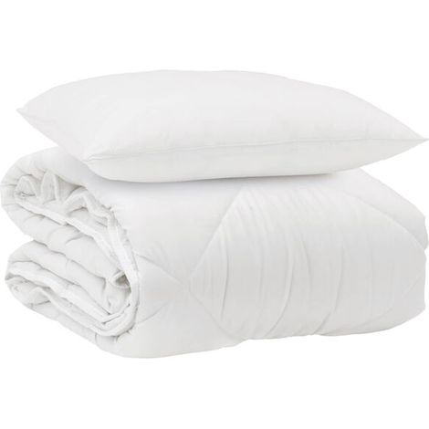 Housse de couette toutes saisons (taie d'oreiller incluse), ensemble deux pièces, microfibre blanche. (1/5)