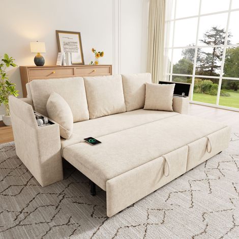 Canapé 3 places multifonction 3 en 1 avec couchage, cadre métallique extractible, rangement, accoudoir plateau et port USB , salon et chambre – beige (1/5)