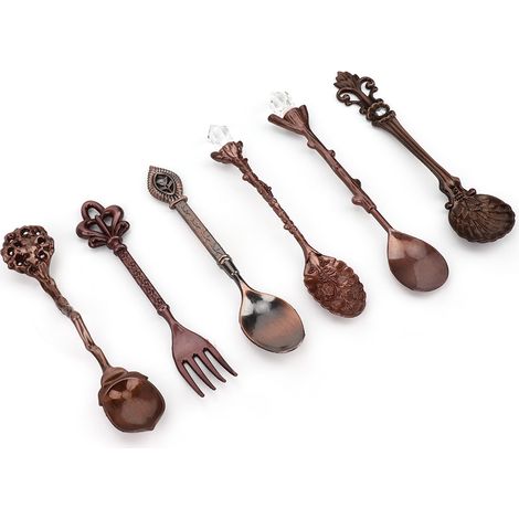 6-teiliges Set Innovatives Vintage-Retro-Besteckset aus Zinklegierung (Löffel, Gabel, Küchenaccessoire) (Rotbronze, herzförmiger Gabelgriff) (1/5)