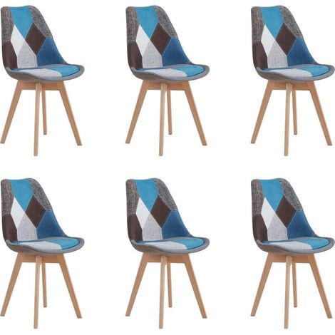 6er Set Esszimmerstühle Patchwork Blau mit Massivholzbeinen und abnehmbarem Sitzkissen (1/5)