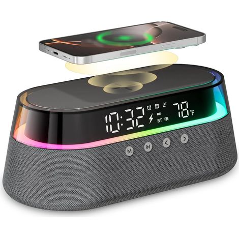 Réveil intelligent 6 en 1 (gris) avec chargeur sans fil 15 W - Haut-parleur Bluetooth, radio FM, chargement USB et éclairage RGB (1/5)